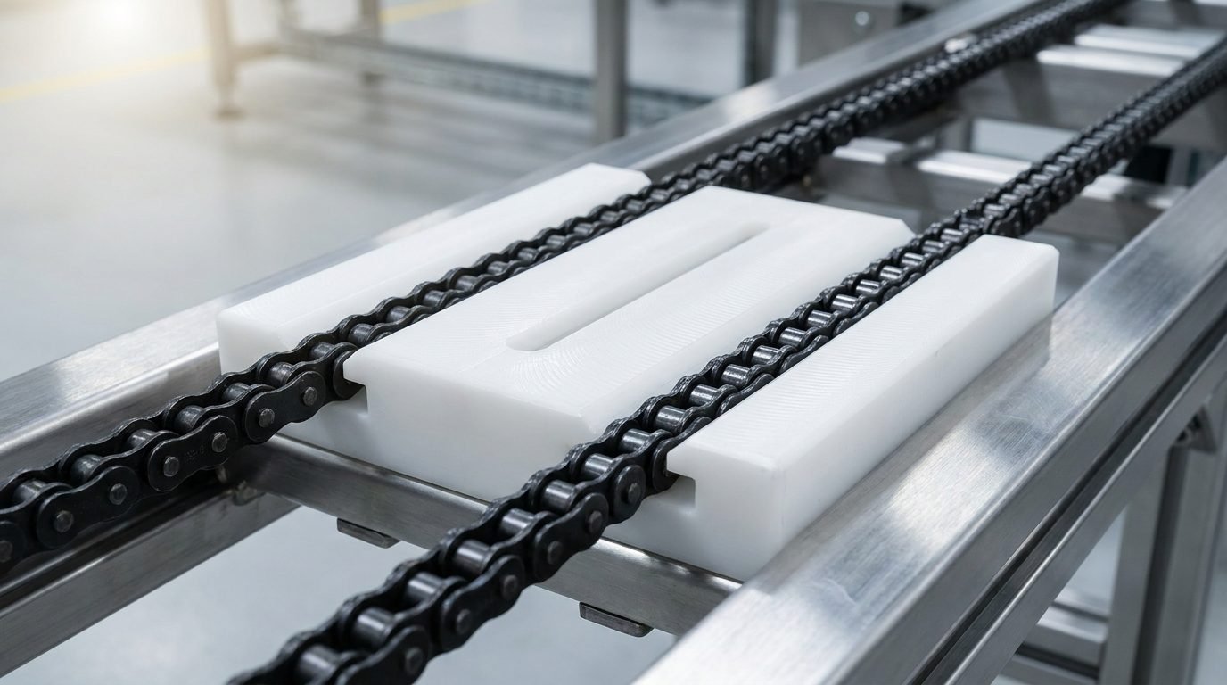 T-Shape Double-Row UHMWPE chain guide with twin 08B-2 chains on conveyor frame